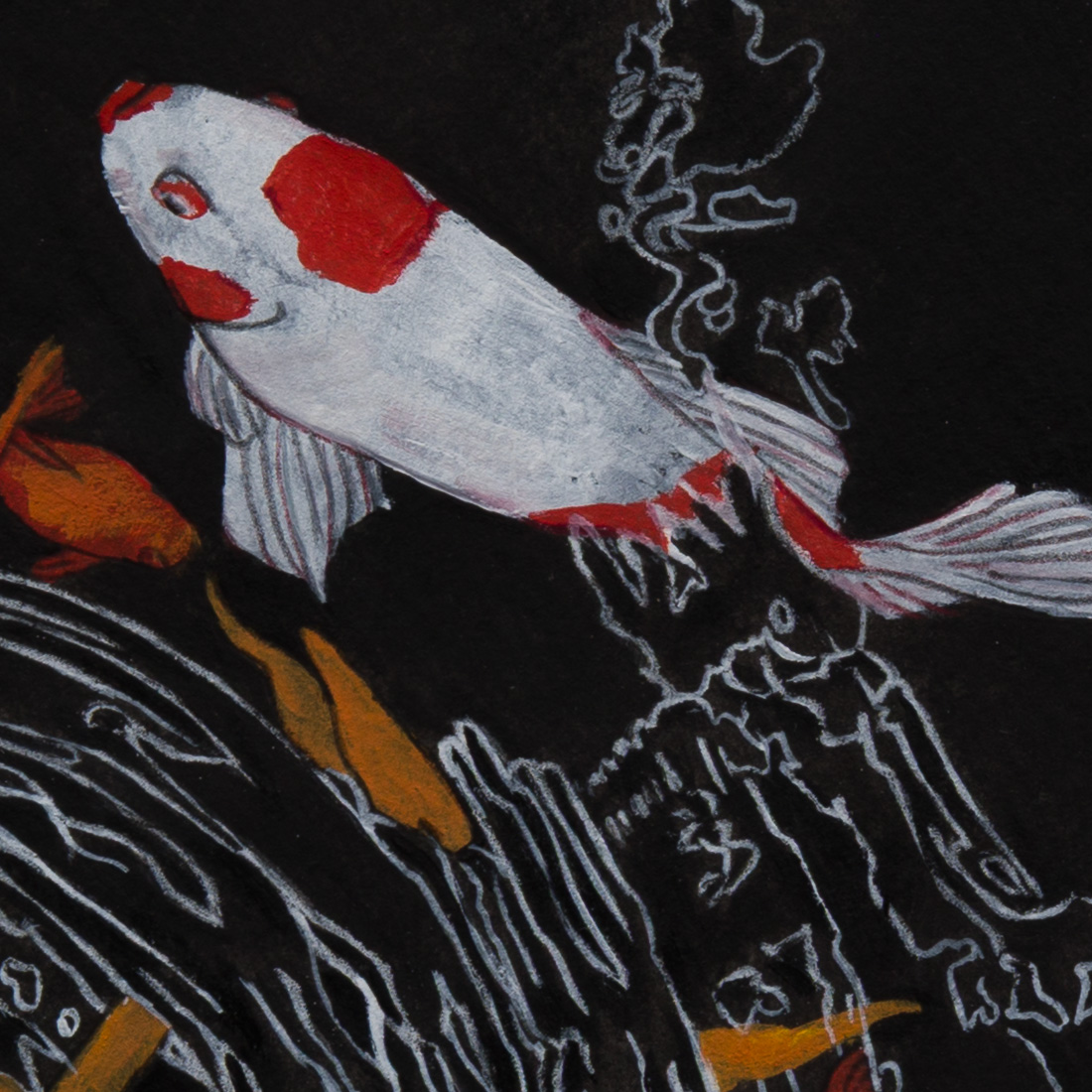 絵画　ANNA．Ｋ　魚 絵画 ANNA．K 魚 金魚牡丹》WSM、和紙・岩絵の具、2024年。(部分